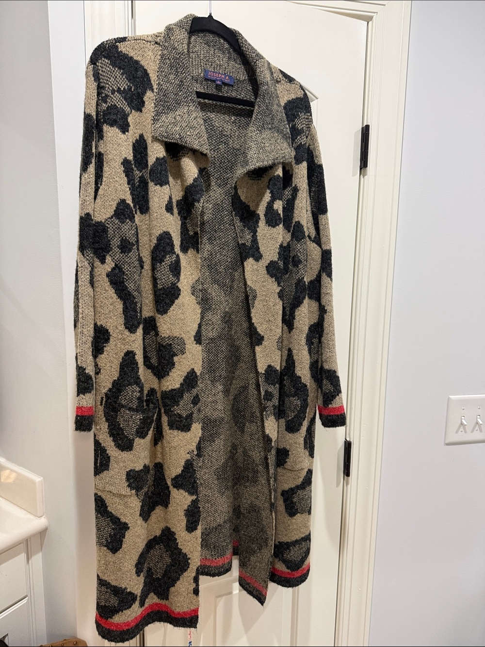 Joseph Beige and Black Leopard-Print Open Cardigan with Red Trim